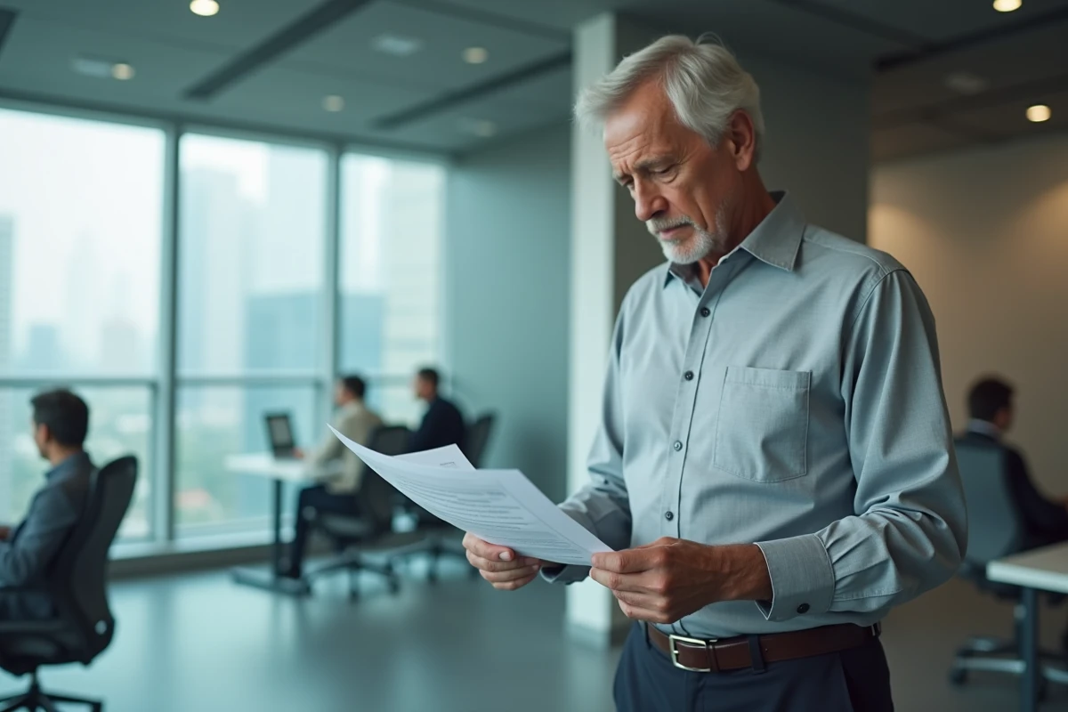 Employ&eacute; senior en temps partiel consultant des documents officiels avant son d&eacute;part en retraite dans un bureau moderne