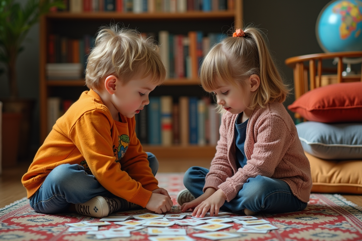 Deux enfants jouent à un jeu de mémoire dans une bibliothèque cosy