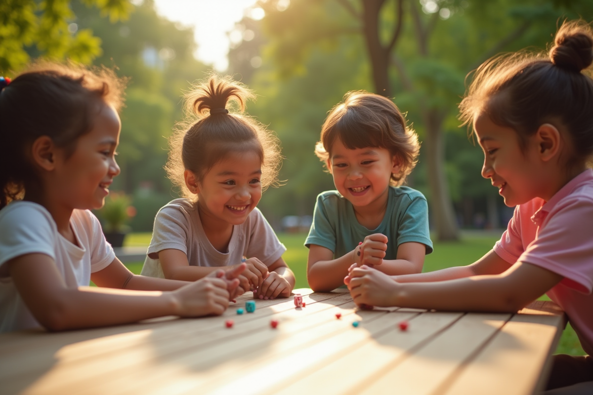 Enfants et adultes jouant aux dés dans un parc ensoleille