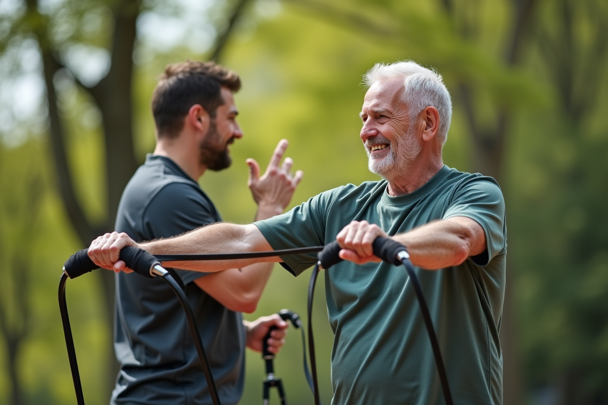 Senior entraînant avec un coach en extérieur lors d