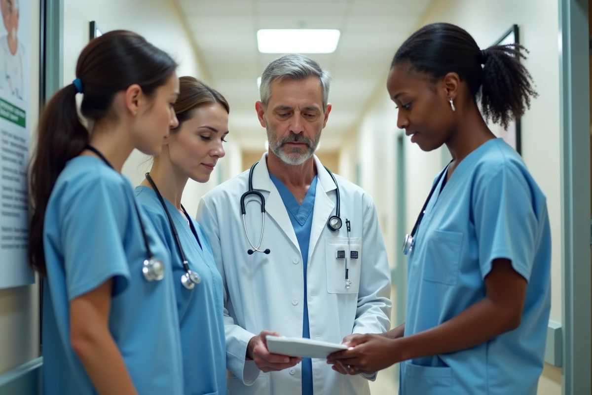 Infirmieres et medecin discutant dans un couloir hospitalier