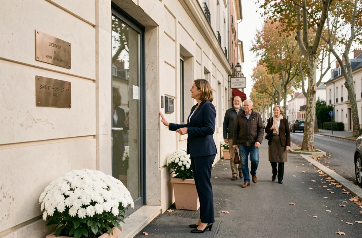 Conseillère funéraire en blazer marine accueillant une famille à l'entrée des Etablissements Brun Cella à Sainte-Foy-lès-Lyon
