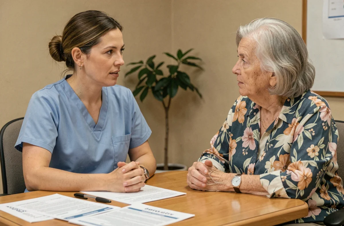 Ergothérapeute évaluant les capacités fonctionnelles d'une femme âgée à l'aide du score IADL lors d'une consultation clinique