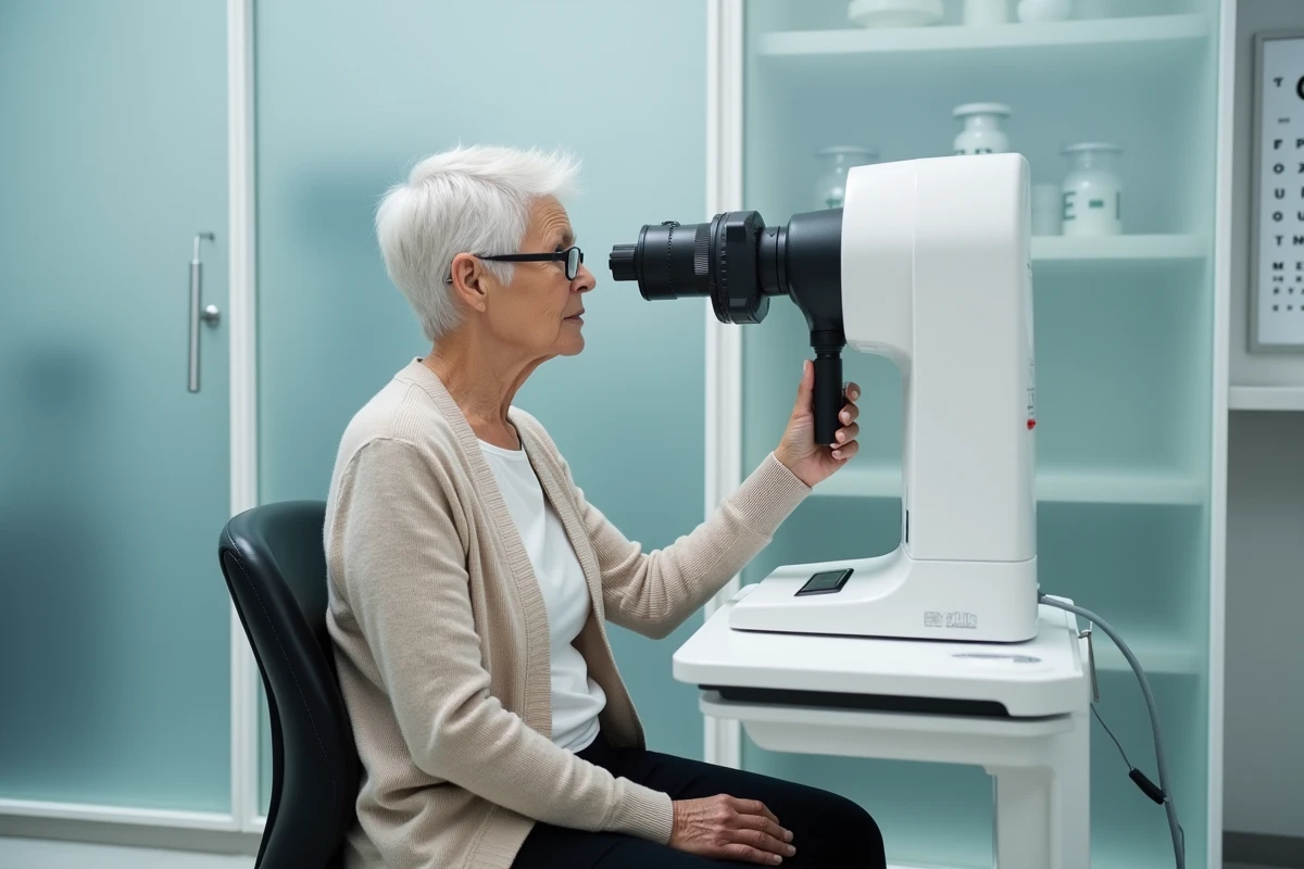 Une femme âgée passant un examen de la vue lors de la visite médicale obligatoire pour le permis de conduire senior