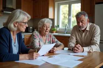Famille réunie autour d'une table pour discuter des frais de maison de retraite et des obligations alimentaires entre descendants