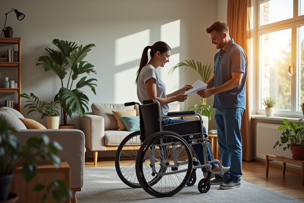 Famille remplissant papier pour livraison de fauteuil roulant