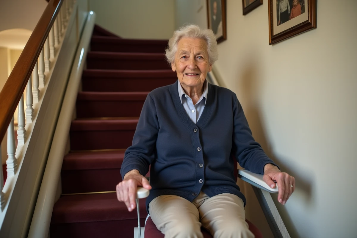 Femme âgée assise sur un fauteuil monte-escalier fixe installé sur un escalier en bois dans une maison traditionnelle française