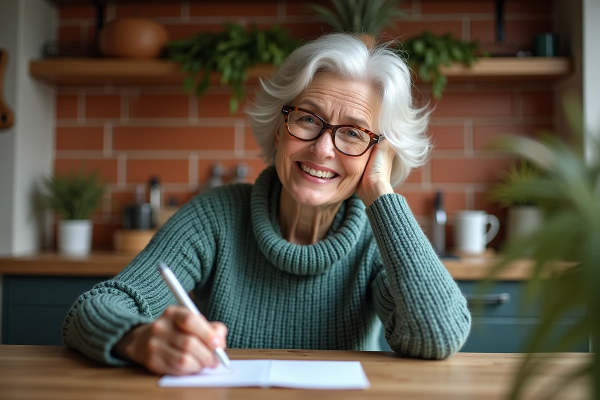Femme de 60 ans écrivant un message d'anniversaire humoristique dans une carte à la maison avec un sourire chaleureux