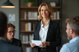 Femme d'affaires souriante et concentrée lors d'une réunion