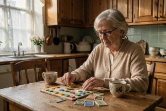 Une femme âgée jouant à un jeu de société calme le soir à la table de sa cuisine en bois