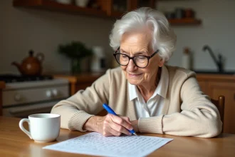 Femme âgée résolvant des mots mêlés en grandes lettres à une table de cuisine en bois avec une tasse de thé