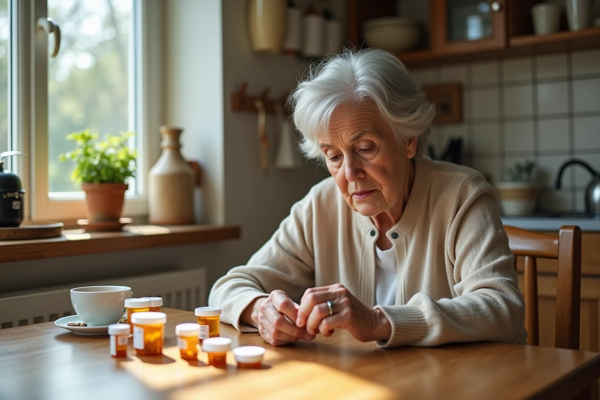 Femme âgée examinant plusieurs médicaments sur ordonnance à la table de sa cuisine, illustration de la polymédication chez les seniors