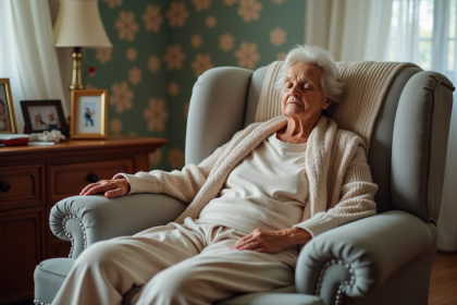 Femme agee endormie dans un salon chaleureux