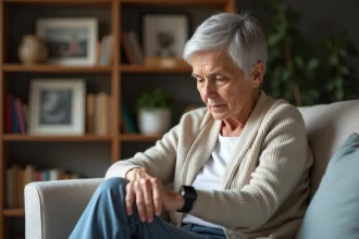 Femme agee regardant sa montre connectee dans le salon
