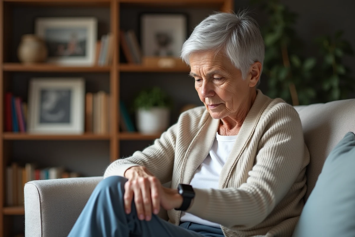 Femme agee regardant sa montre connectee dans le salon