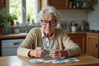 Femme âgée comptant des billets dans la cuisine lumineuse