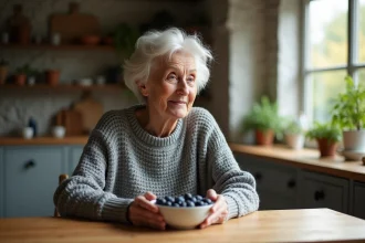 Femme mature souriante dans une cuisine chaleureuse