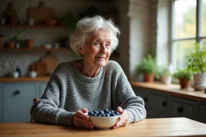 Femme mature souriante dans une cuisine chaleureuse