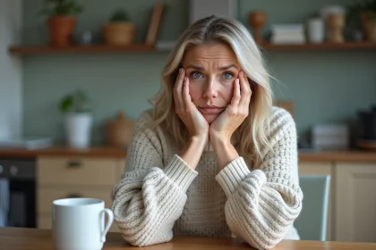 Femme anxieuse en cuisine avec pull doux et jeans