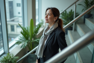 Femme d affaires montant un escalier en ville