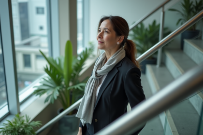 Femme d affaires montant un escalier en ville
