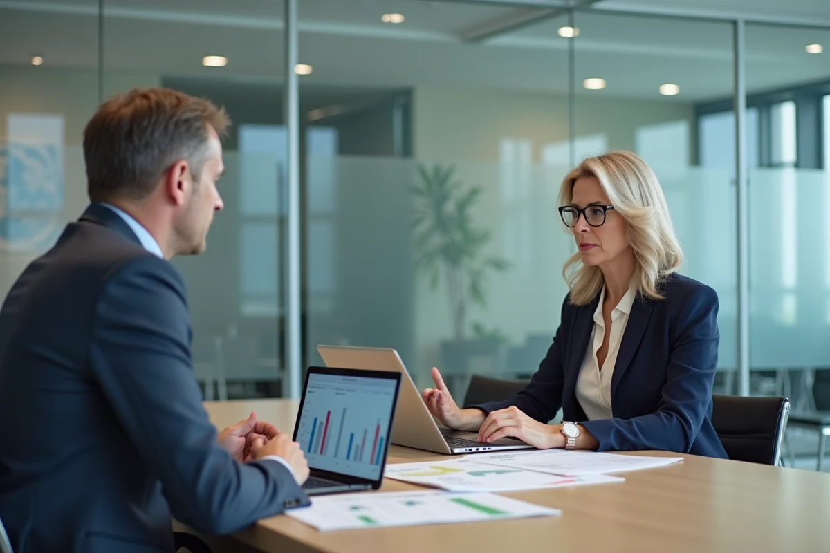 Femme cadre discutant de sa stratégie de retraite maximale avec un conseiller financier dans une salle de réunion moderne
