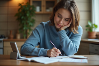 Femme calculant ses dépenses dans la cuisine