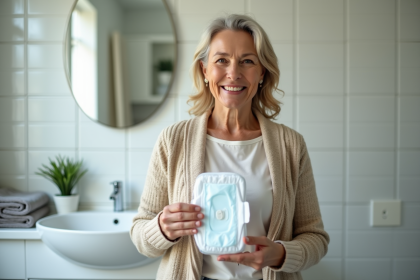 Femme confiante tenant un paquet de protections incontinence