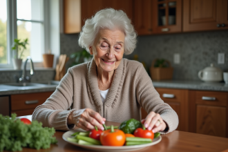 Femme souriante choisissant des légumes frais dans la cuisine