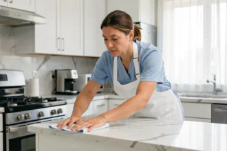 Femme de ménage professionnelle nettoyant le plan de travail d'une cuisine moderne avec un chiffon microfibre