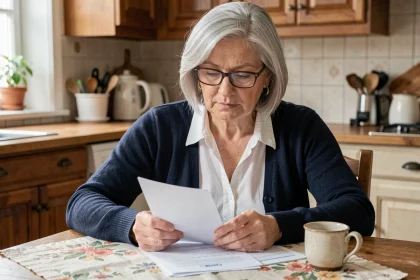 Une femme de 60 ans examine ses documents de demande de retraite à la table de sa cuisine, illustrant les démarches auprès de la Cnav