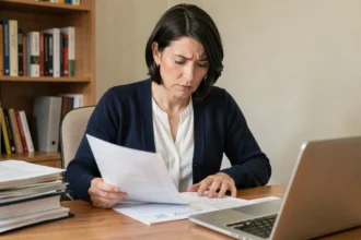 Femme examinant des documents administratifs liés à l'AAH à son bureau à domicile