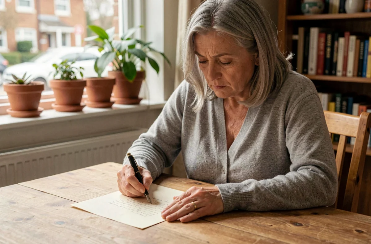 Femme écrivant un message de condoléances manuscrit pour un voisin décédé à une table en bois