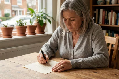 Femme écrivant un message de condoléances manuscrit pour un voisin décédé à une table en bois