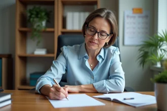 Femme d'âge moyen écrivant une lettre dans un bureau organisé