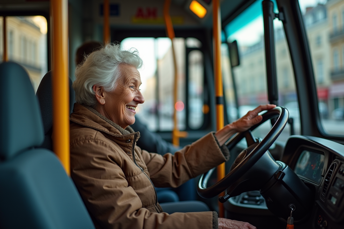 Femme âgée montant dans un bus parisien avec sa Paris Senior Pcard