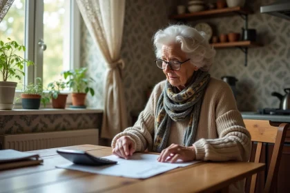 Femme &acirc;g&eacute;e concentr&eacute;e sur ses documents financiers