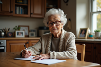 Femme âgée écrivant dans un carnet dans une cuisine chaleureuse