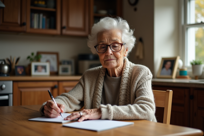 Femme âgée écrivant dans un carnet dans une cuisine chaleureuse