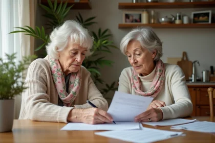 Femme &acirc;g&eacute;e et fille &eacute;tudiant des documents &agrave; la maison