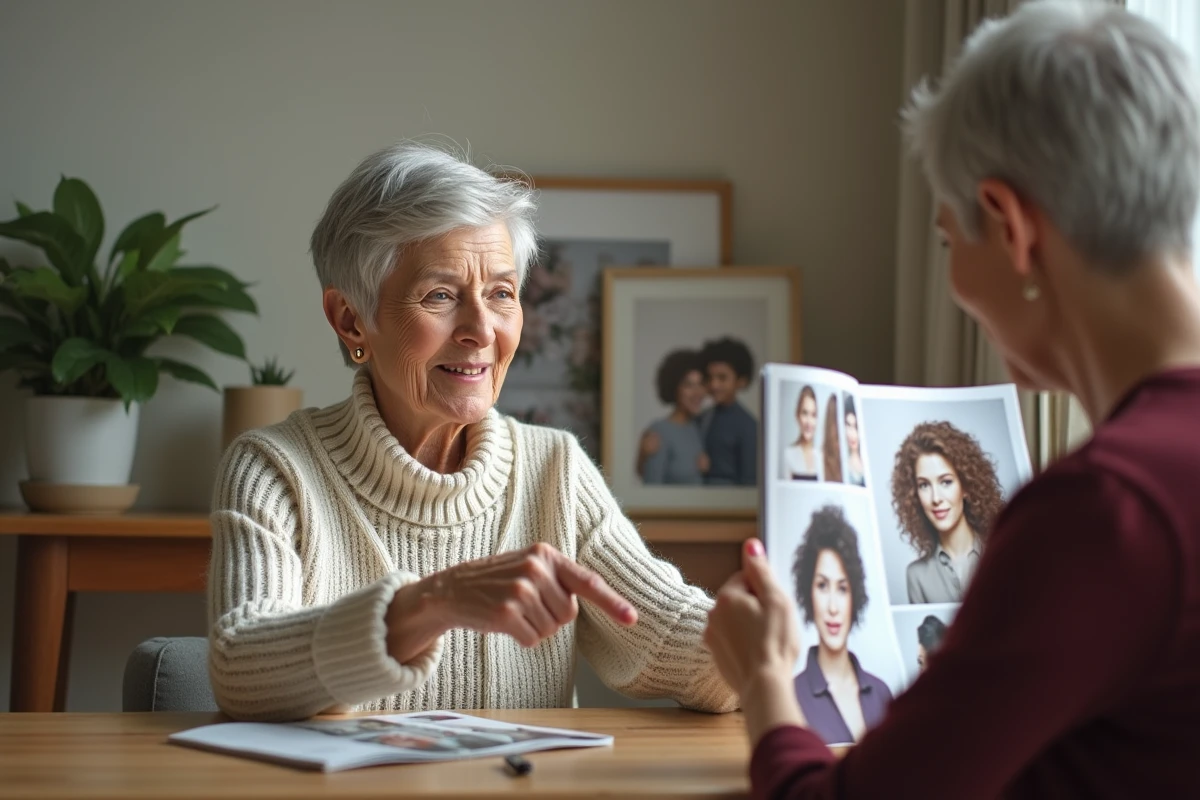 Femme &acirc;g&eacute;e discutant avec coiffeur &agrave; la maison dans un salon chaleureux