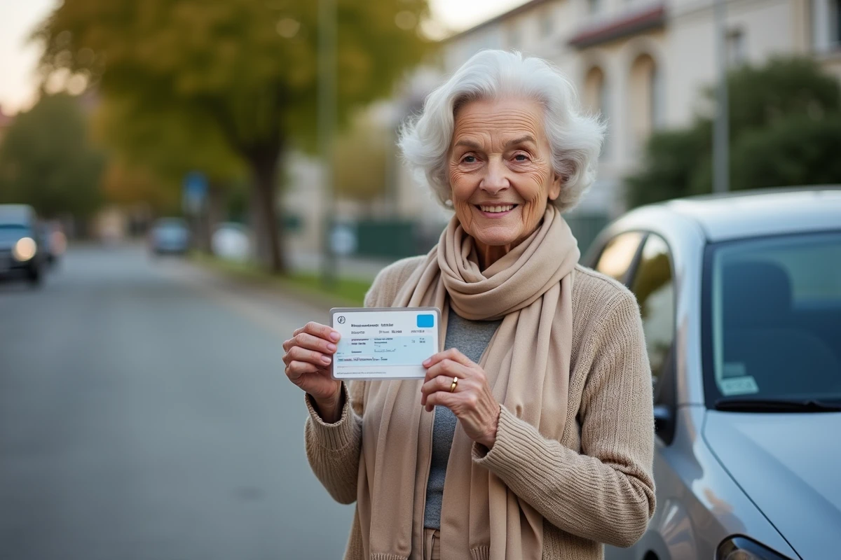 Femme âgée fière tenant son permis à côté de sa voiture