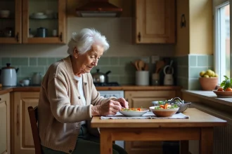 Femme âgée en cuisine préparant un repas avec soin