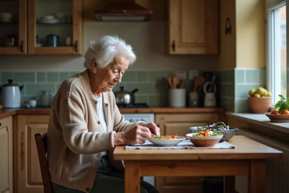 Femme &acirc;g&eacute;e en cuisine pr&eacute;parant un repas avec soin