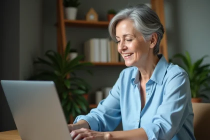 Femme de 60 ans consultant son espace personnel Carsat sur un ordinateur portable dans un bureau &agrave; domicile