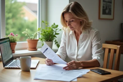 Femme d'&acirc;ge moyen examinant ses relev&eacute;s bancaires &agrave; la maison
