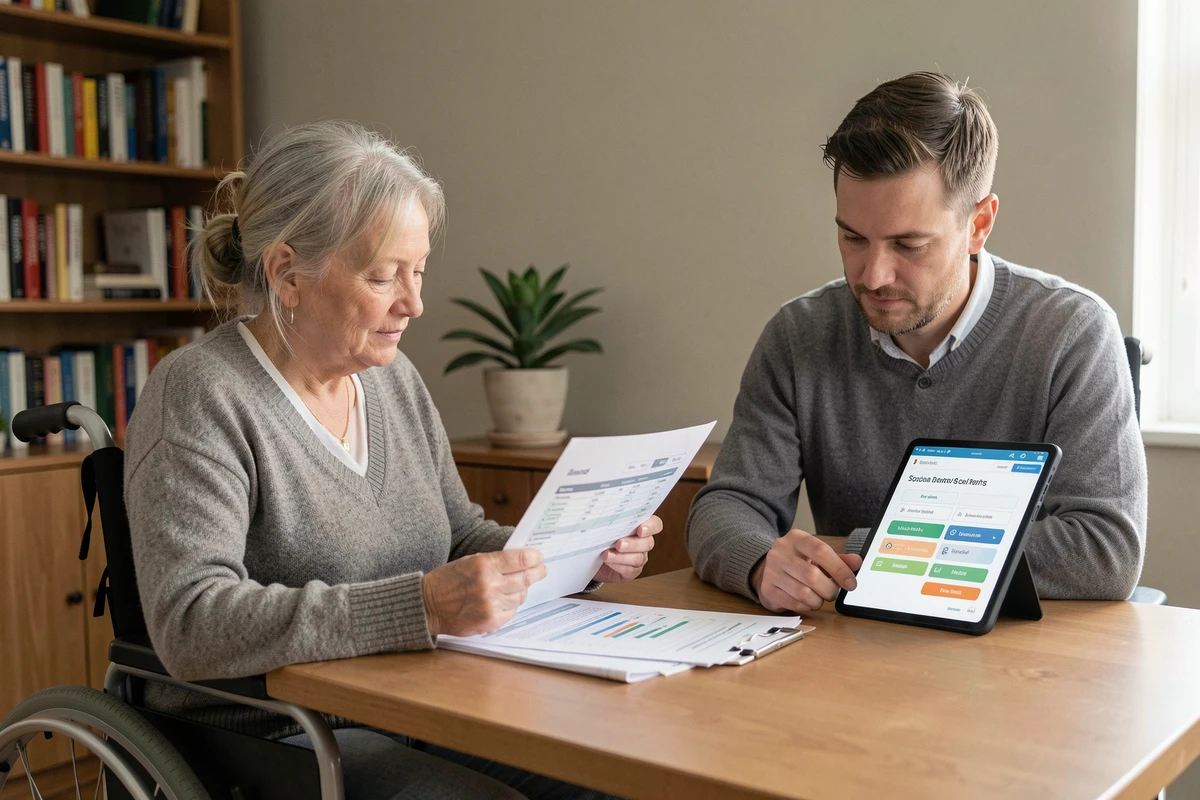 Femme en situation de handicap et son conjoint examinant les plafonds de ressources pour le cumul AAH et retraite