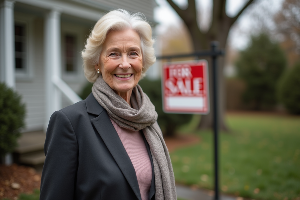 Femme confiante devant une maison à vendre dans un quartier résidentiel