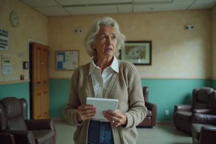 Femme d'&acirc;ge moyen inqui&egrave;te dans un foyer de soins