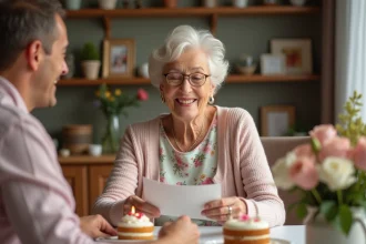 Femme de 70 ans lisant une carte d anniversaire dans un cadre familial chaleureux